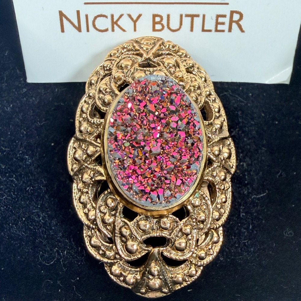 Nicky Butler Bronze Pink Druzy Quartz Filigree Statement Ring Size 12 with Box